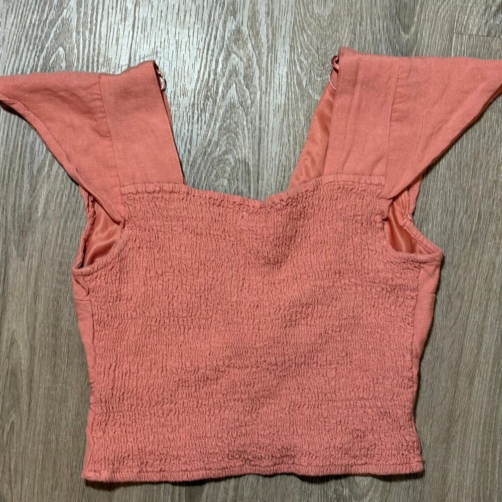 Pink Twist Front Crop Top Boho Smocked Back Flutter Sleeve Medium - Picture 9 of 9